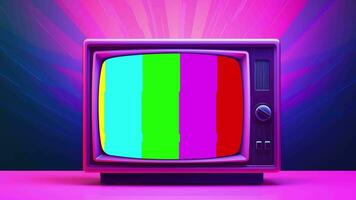 ai generato vecchio tv nel rosa blu pendenza neon luce. retrò colorato animato. video piatto cartone animato animazione design elemento 4k ai generato