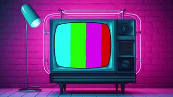 ai generato vecchio tv nel rosa blu pendenza neon luce. retrò colorato animato. video piatto cartone animato animazione design elemento 4k ai generato