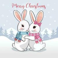 Merry Christmas Card With Cute Rabbit Couple And Winter Background vector