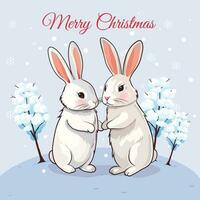 Merry Christmas Card With Cute Rabbit Couple And Winter Background vector