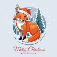 Merry Christmas And Happy New Year Card With Cute Fox And Winter Background vector