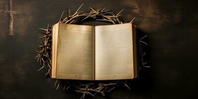AI generated bible and crown of thorns. Christian symbol of Easter, resurrection photo