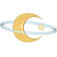 Moon and star with ring Y2K 3D rendering cute clear glass png