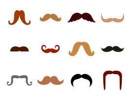 Set of mustaches silhouettes isolated on white background. Collection of men different colors and forms mustache hair icons. Vector illustration