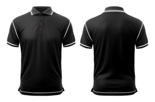 ai generiert schwarz Polo Hemd Attrappe, Lehrmodell, Simulation mit Weiß Streifen, Vorderseite und zurück Sicht, ai generiert png