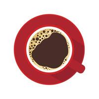 Top view red coffee cup with foam and bubbles and saucer isolated on white background. Vector