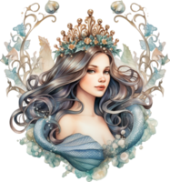 ai generado acuarela sirena con Rizado pelo y un corona. aislado ilustración. png