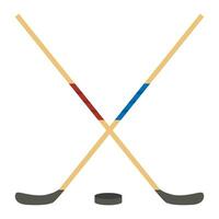 Ice hockey sticks and puck flat icon. Vector