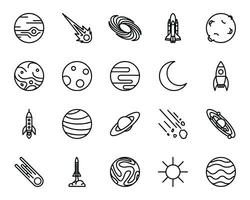 Universe, celestial bodies, rocket launching, astronomy and more, thin line icons set. Cosmo exploration isolated. Space vector