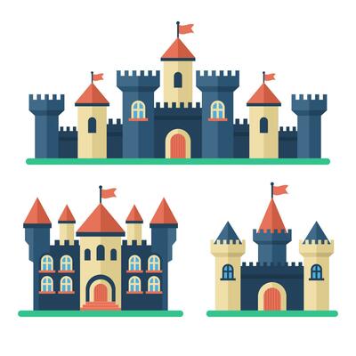 Castle set in flat style. Medieval buildings fortress fantasy gothic architecture towers. Royal kingdom towers, old ancient magic castles
