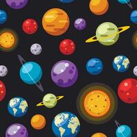 Seamless pattern wth solar system planets on black background. Sun and planetary vector