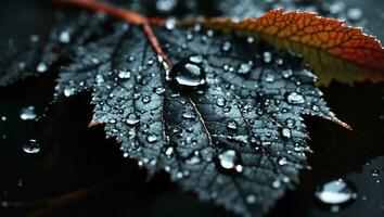 AI generated water drops on autumn leaf macro close-up - shallow depth of field photo