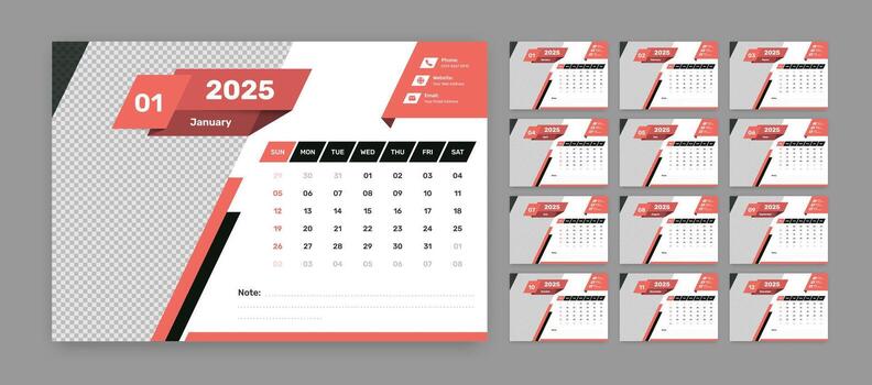 Modern office desk calendar template set for 2025 with accurate date and image placeholder vector