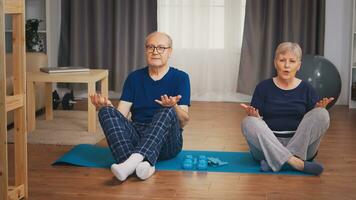 Senior couple doing yoga sitting on mat in living room. Old person healthy lifestyle exercise at home, workout and training, sport activity at home photo