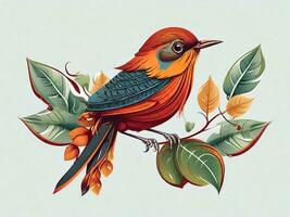 ai generado ilustración fantástico pequeño pájaro con hoja foto