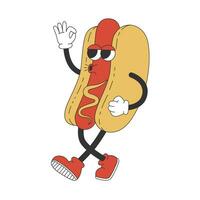 Groovy hippie hot dog. Cartoon character in trendy retro style. vector