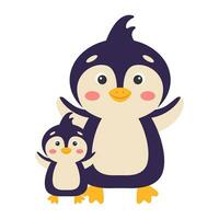 Cute cartoon penguins mom and baby. Vector illustration.