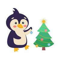 A cute cartoon penguin is decorating a Christmas tree. Vector illustration.