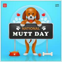 National Pet Dog Day. A brown colored dog stands holding a signboard, with dog food elements, toys and dog trail background. 3d vector, suitable for events, posters, pet shops and design elements vector