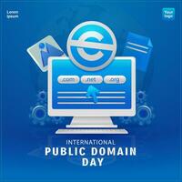 International Public Domain Day. Computer monitor with Public Domain logo and domain selection button. 3d vector, suitable for business, education and technology vector