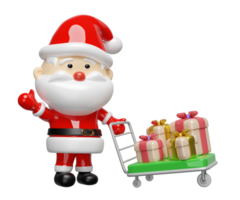 Papa Noel claus emprendedor almacén carretilla o plataforma carretilla con regalo caja. alegre Navidad y contento nuevo año, 3d hacer ilustración png