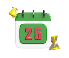 calendar on December 25th with warning bell notification, hourglass. merry christmas and happy new year, 3d render illustration png