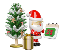 Santa Claus in glasses holds a calendar on December 25th with gift box, christmas tree, gingerbread man, candy cane. merry christmas and happy new year, 3d render illustration png