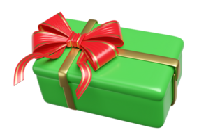 green gift box with golden ribbon and red bow. merry christmas and happy new year, 3d render illustration png