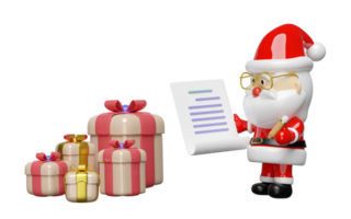 Papa Noel claus es comprobación regalo cajas con un Lista de Verificación. alegre Navidad y contento nuevo año, 3d hacer ilustración png