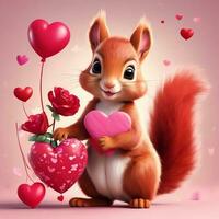 AI generated Cute squirrel in love with hearts and flowers. Festive animal valentine. photo