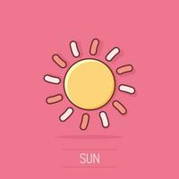 icono de sol de dibujos animados vectoriales en estilo cómico. sol con pictograma de ilustración de signo de rayo. concepto de efecto de salpicadura de negocio de sol. vector