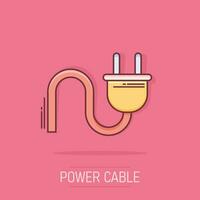 icono de enchufe eléctrico de dibujos animados vectoriales en estilo cómico. pictograma de ilustración de señal de cable de alimentación. concepto de efecto de salpicadura de negocio de alambre. vector