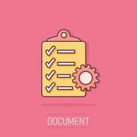 Vector cartoon document icon in comic style. Project management sign illustration pictogram. To do list with gear business splash effect concept.