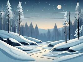 AI Generated winter snowy forest scenery with mountain on horizon, snowflakes frame photo