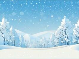 AI Generated winter snowy forest scenery with mountain on horizon, snowflakes frame photo