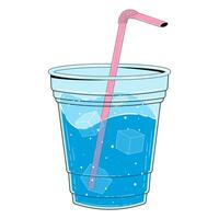 Straight glass with water and ice in retro cartoon style. Vector flat illustration of a plastic glass with a straw and water.