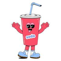 Cute soda character. Paper glass with lid and straw. Soda mascot with arms, legs and a cute face. vector