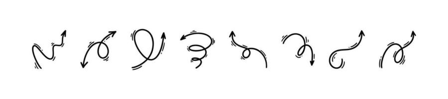 Set oh doodle swoosh arrows. Motion and movement effects. Direction sign. Curled, swirl, swash,  flourish line design elements. Hand drawn sketch vector illustration