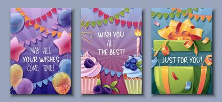 Set of birthday greeting card design. Banner, flyer with cupcake, balloons, flags, gift box. Happy birthday Invitation design for holiday, anniversary, party. vector