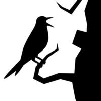 Vector Silhouette of a Bird Perched on a Tree Branch, Art Decor, Wall Decor, Wall Sticker, A bird opens its beak on a tree branch isolated on a white background