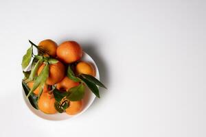 Tangerines with green leaves over white background with copy space. View from above. Photo