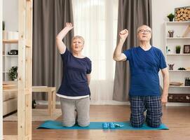 Elderly couple enjoys doing sports together at home. Old person healthy lifestyle exercise at home, workout and training, sport activity at home on yoga mat. photo