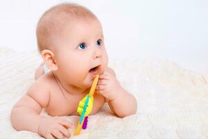 Cute baby girl on white background photo