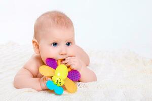 Cute baby girl on white background photo