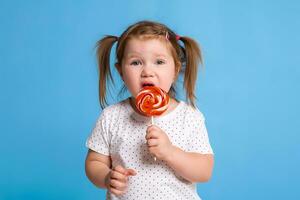 Beautiful little female child holding huge lollipop spiral candy smiling happy isolated on blue background. photo