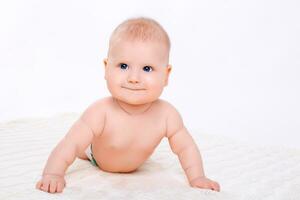 Cute baby girl on white background with isolation photo