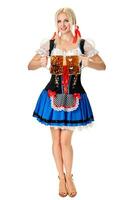 Full length portrait of a blond woman with traditional costume holding beer glasses isolated on white background. photo