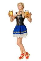 Full length portrait of a blond woman with traditional costume holding beer glasses isolated on white background. photo