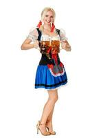 Full length portrait of a blond woman with traditional costume holding beer glasses isolated on white background. photo