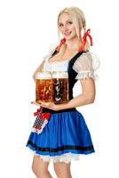 Full length portrait of a blond woman with traditional costume holding beer glasses isolated on white background. photo